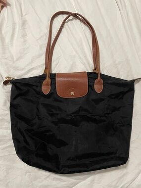 Longchamp Black Tote with Brown Leather Trim